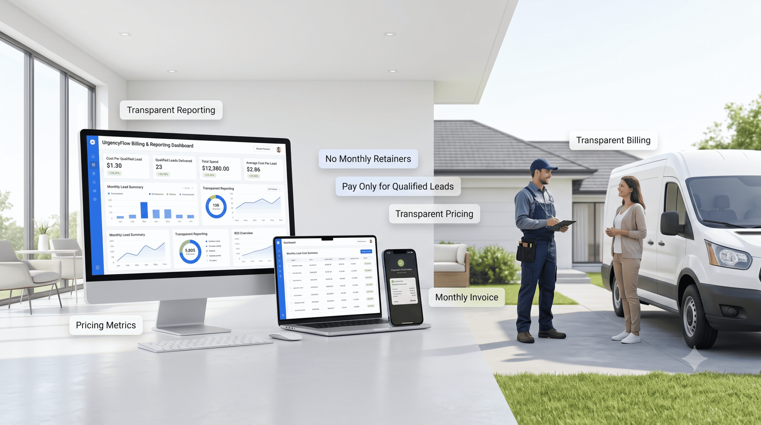 [PLACEHOLDER: e.g. Technician showing a homeowner a live cost-per-qualified-lead dashboard on a tablet]